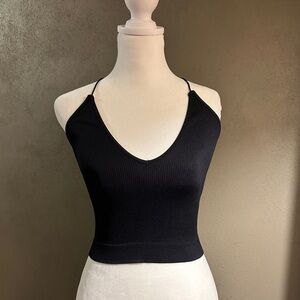 black v neck stretch cami with thin razorback straps, OS never worn NWOT,